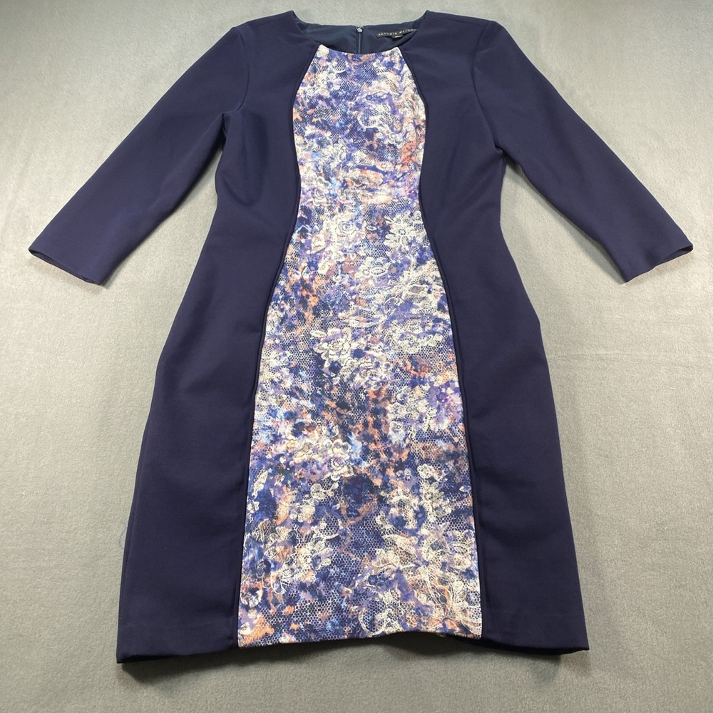 Antonio Melani Scuba Sheath Dress Navy Floral Pattern 3/4 Sleeves Size 8
